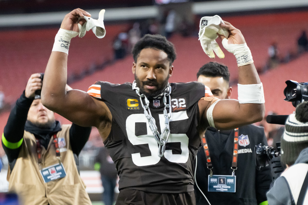 Dec 10, 2023; Cleveland, Ohio, USA; Cleveland Browns defensive end Myles Garrett (95) celebrates after the Browns beat the Jacksonville Jaguars at Cleveland Browns Stadium.